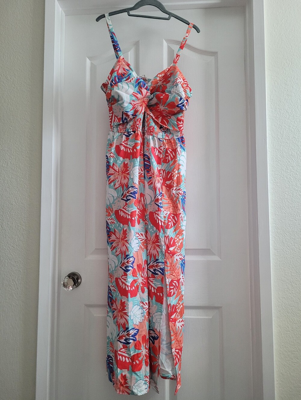 Grace Karin Coral Blue White Floral Midi Dress with Spaghetti Straps Large